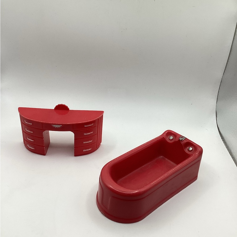 Red Plastic Toy Bathtub and Vanity Set for dollhouse vintage